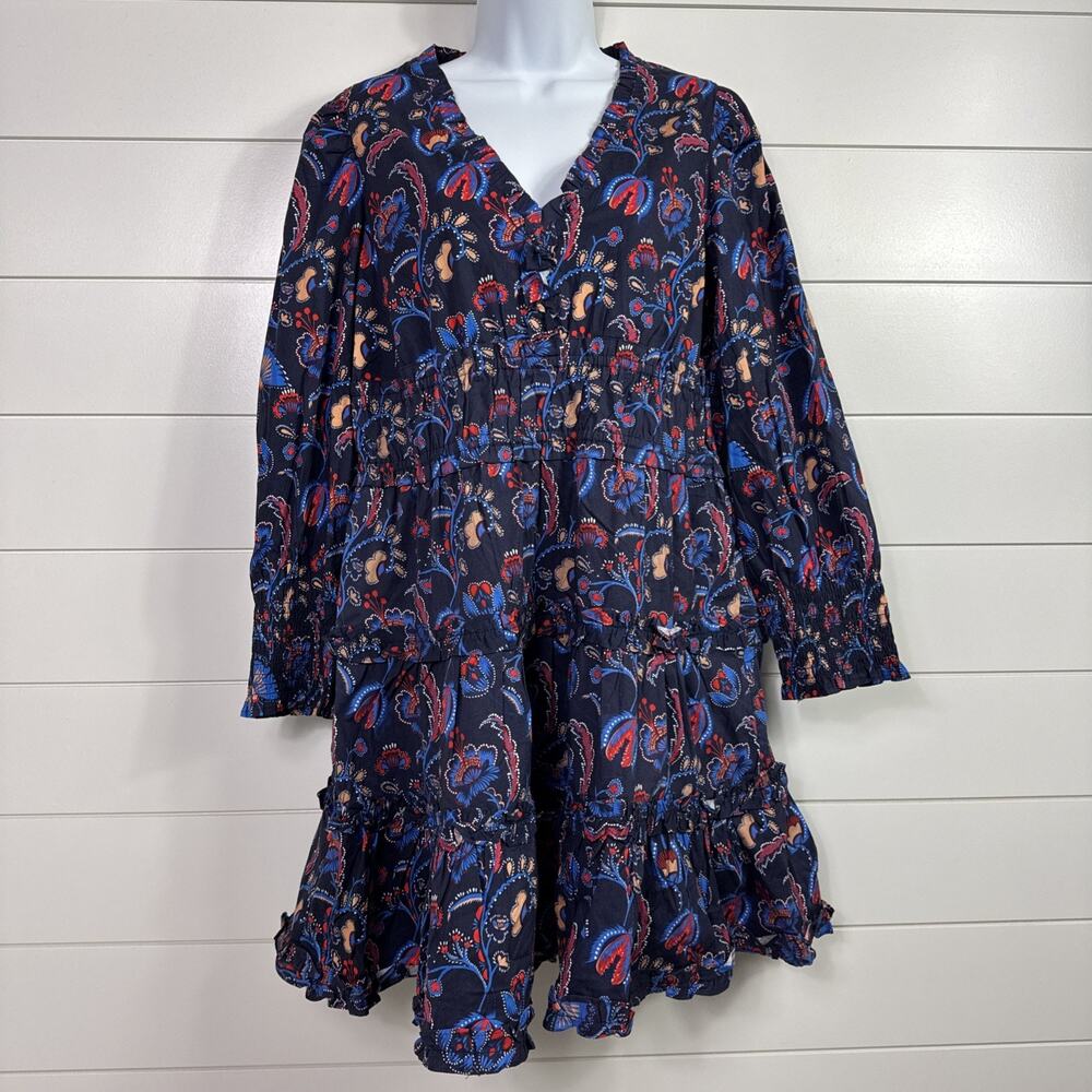 Sail To Sable Smocked Waist Dress Aztec Floral Print Navy Blue sz L